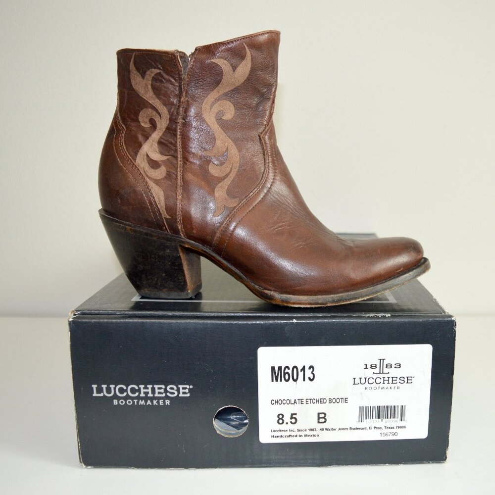 Lucchese Chocolate Brown Etched Leather Western Booties